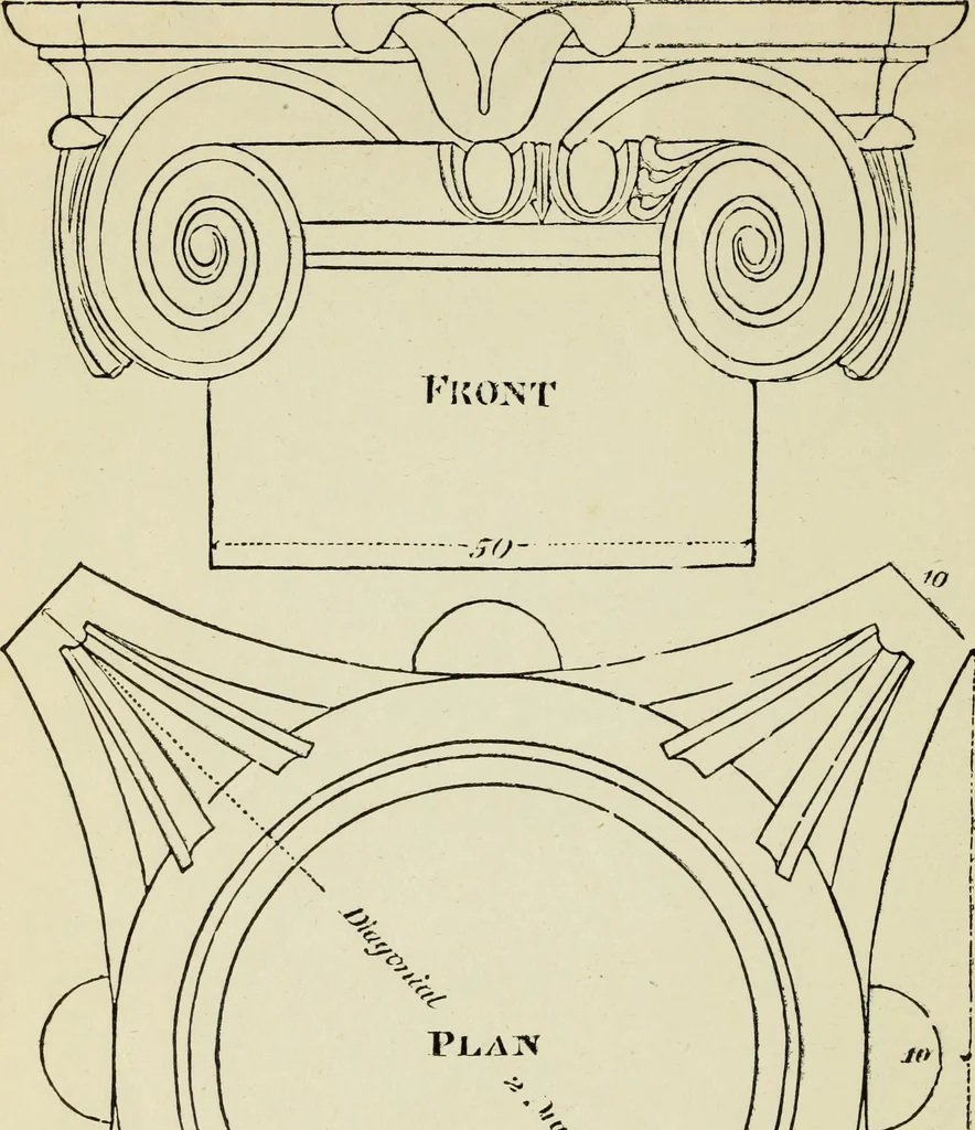 An illustration from The student's instructor in drawing and working : the five orders of architecture : fully explaining the best methods for striking regular and quirked mouldings, for diminishing and glueing of columns and capitals, for finding the true diameter of an order to any given height, for striking the ionic volute, circular or elliptical, with finished examples, on a large scale, of the orders, their planceers, etc. and some designs for door-cases, 1837, leaf 83