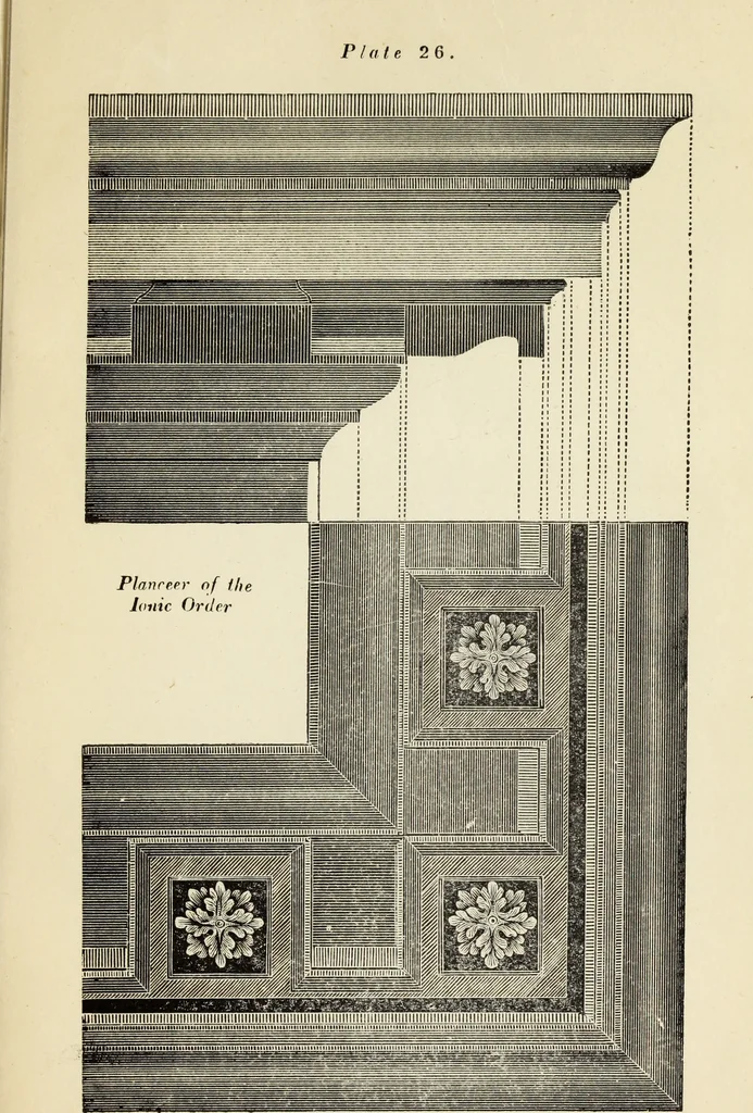 An illustration from The student's instructor in drawing and working : the five orders of architecture : fully explaining the best methods for striking regular and quirked mouldings, for diminishing and glueing of columns and capitals, for finding the true diameter of an order to any given height, for striking the ionic volute, circular or elliptical, with finished examples, on a large scale, of the orders, their planceers, etc. and some designs for door-cases, 1837, leaf 92
