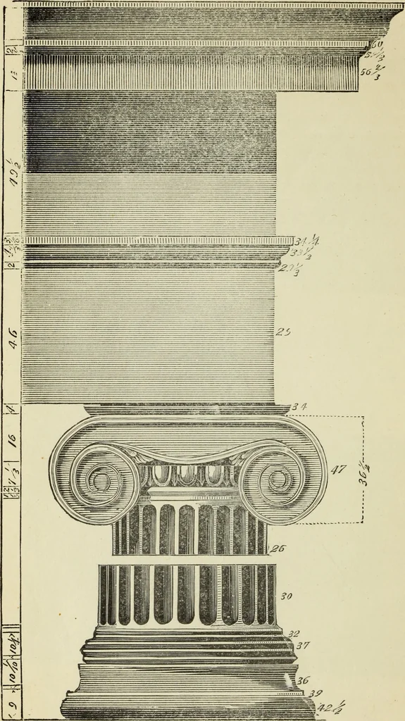 An illustration from The student's instructor in drawing and working : the five orders of architecture : fully explaining the best methods for striking regular and quirked mouldings, for diminishing and glueing of columns and capitals, for finding the true diameter of an order to any given height, for striking the ionic volute, circular or elliptical, with finished examples, on a large scale, of the orders, their planceers, etc. and some designs for door-cases, 1837, leaf 95