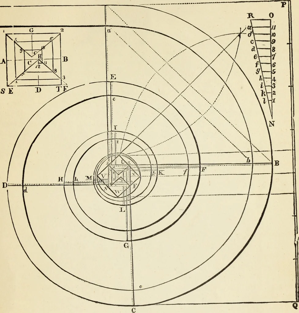 An illustration from The student's instructor in drawing and working : the five orders of architecture : fully explaining the best methods for striking regular and quirked mouldings, for diminishing and glueing of columns and capitals, for finding the true diameter of an order to any given height, for striking the ionic volute, circular or elliptical, with finished examples, on a large scale, of the orders, their planceers, etc. and some designs for door-cases, 1837, leaf 98