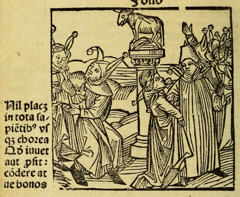 An illustration from Stultifera nauis : Narrago[n]ie profectionis nunq[uam] satis laudata nauis, leaf 146