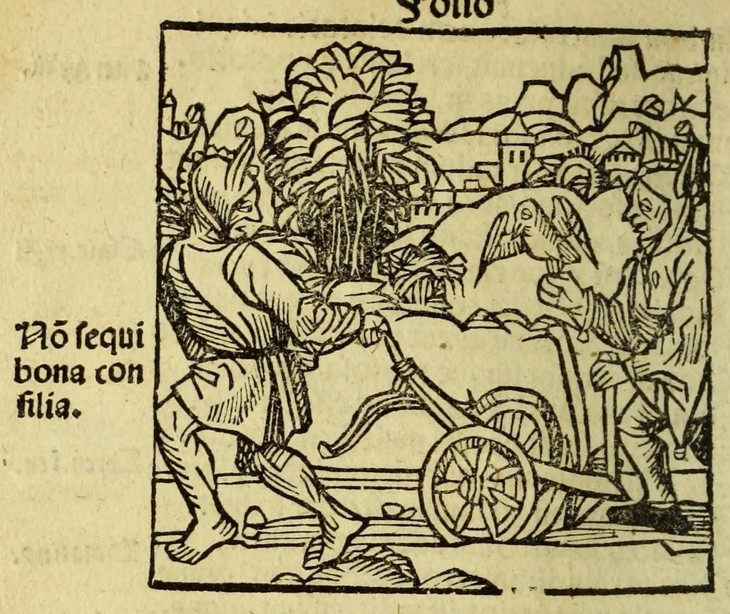 An illustration from Stultifera nauis : Narrago[n]ie profectionis nunq[uam] satis laudata nauis, leaf 46