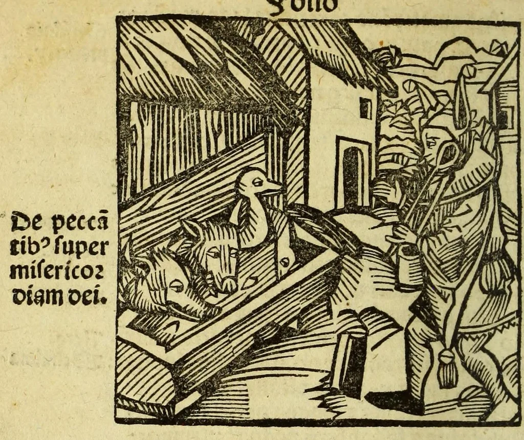 An illustration from Stultifera nauis : Narrago[n]ie profectionis nunq[uam] satis laudata nauis, leaf 58