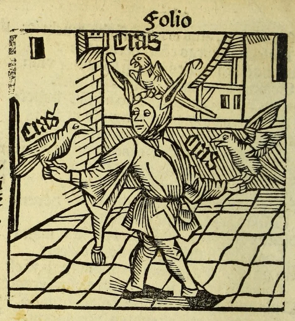 An illustration from Stultifera nauis : Narrago[n]ie profectionis nunq[uam] satis laudata nauis, leaf 92