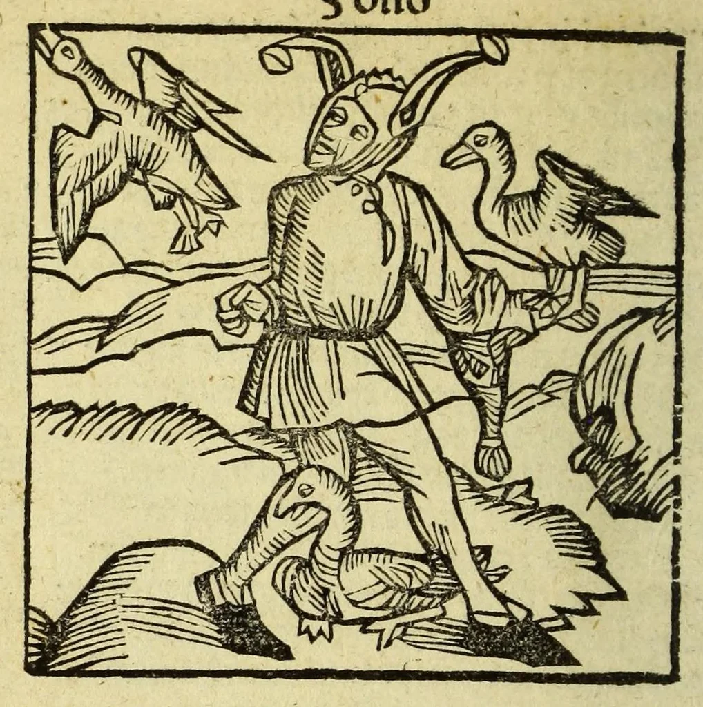 An illustration from Stultifera nauis : Narrago[n]ie profectionis nunq[uam] satis laudata nauis, leaf 98