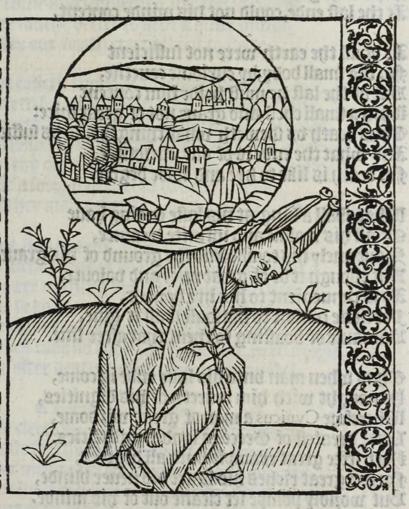 An illustration from Stultifera nauis : qua omnium mortalium narratur stultitia, admodum vtilis & necessaria ab omnibus ad suam salutem perlegenda, è latino sermone in nostrum vulgarem versa, & iam diligenter impressa = The ship of fooles : wherein is shewed the folly of all states, with diuers other workes adoiyned vnto the same, very profitable and fruitfull for all men : translated out of Latin into Englishe, 1570, leaf 123
