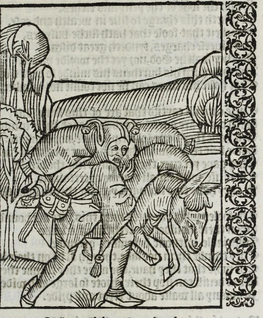 An illustration from Stultifera nauis : qua omnium mortalium narratur stultitia, admodum vtilis & necessaria ab omnibus ad suam salutem perlegenda, è latino sermone in nostrum vulgarem versa, & iam diligenter impressa = The ship of fooles : wherein is shewed the folly of all states, with diuers other workes adoiyned vnto the same, very profitable and fruitfull for all men : translated out of Latin into Englishe, 1570, leaf 147