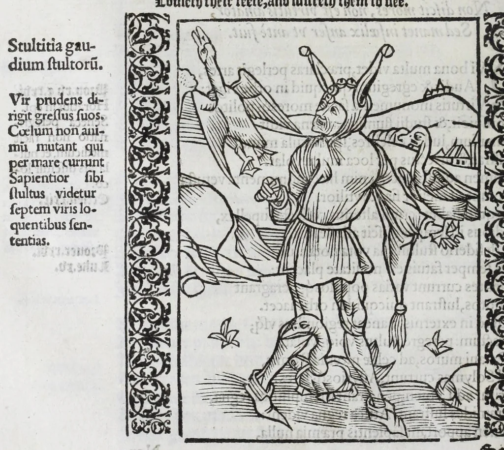 An illustration from Stultifera nauis : qua omnium mortalium narratur stultitia, admodum vtilis & necessaria ab omnibus ad suam salutem perlegenda, è latino sermone in nostrum vulgarem versa, & iam diligenter impressa = The ship of fooles : wherein is shewed the folly of all states, with diuers other workes adoiyned vnto the same, very profitable and fruitfull for all men : translated out of Latin into Englishe, 1570, leaf 162