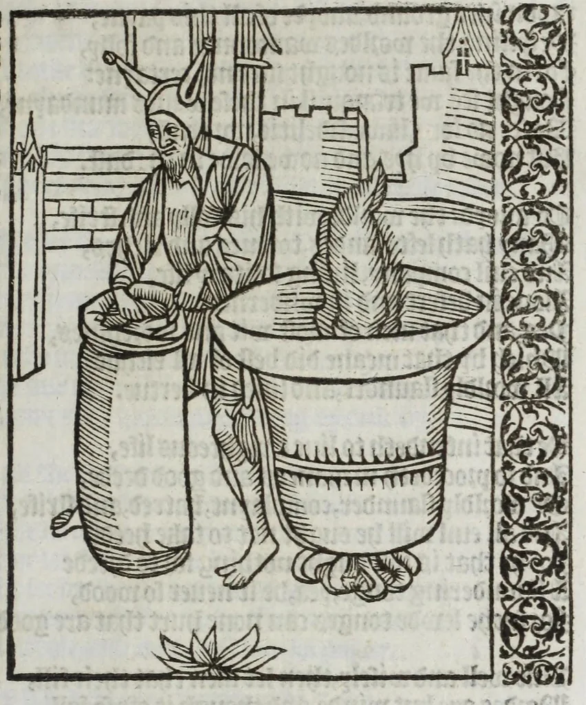 An illustration from Stultifera nauis : qua omnium mortalium narratur stultitia, admodum vtilis & necessaria ab omnibus ad suam salutem perlegenda, è latino sermone in nostrum vulgarem versa, & iam diligenter impressa = The ship of fooles : wherein is shewed the folly of all states, with diuers other workes adoiyned vnto the same, very profitable and fruitfull for all men : translated out of Latin into Englishe, 1570, leaf 187