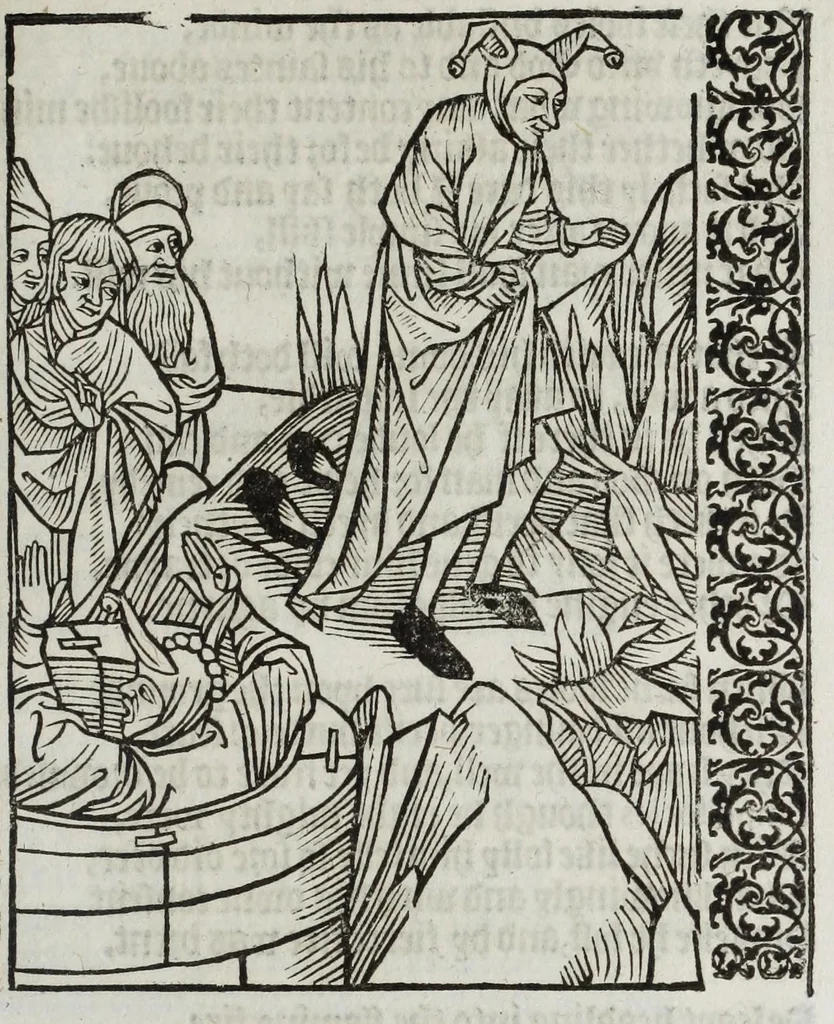 An illustration from Stultifera nauis : qua omnium mortalium narratur stultitia, admodum vtilis & necessaria ab omnibus ad suam salutem perlegenda, è latino sermone in nostrum vulgarem versa, & iam diligenter impressa = The ship of fooles : wherein is shewed the folly of all states, with diuers other workes adoiyned vnto the same, very profitable and fruitfull for all men : translated out of Latin into Englishe, 1570, leaf 203