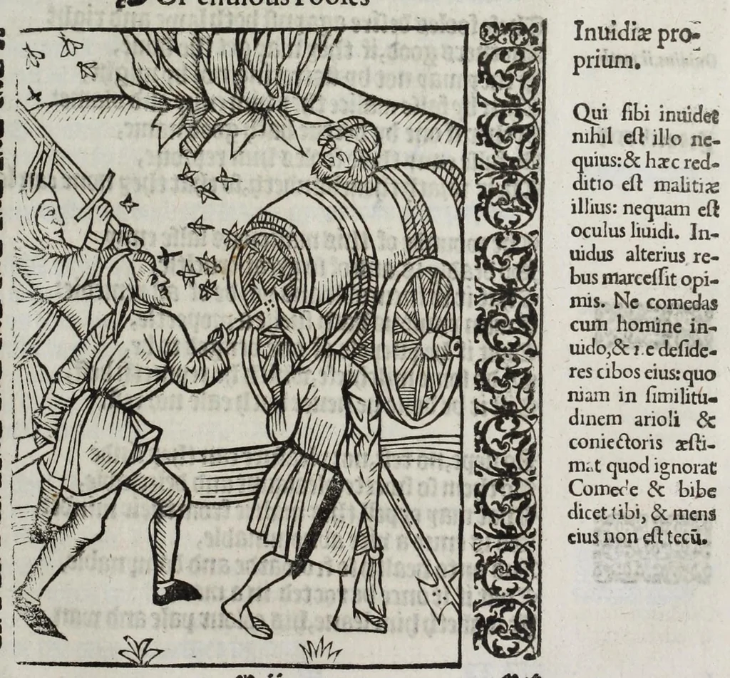 An illustration from Stultifera nauis : qua omnium mortalium narratur stultitia, admodum vtilis & necessaria ab omnibus ad suam salutem perlegenda, è latino sermone in nostrum vulgarem versa, & iam diligenter impressa = The ship of fooles : wherein is shewed the folly of all states, with diuers other workes adoiyned vnto the same, very profitable and fruitfull for all men : translated out of Latin into Englishe, 1570, leaf 225