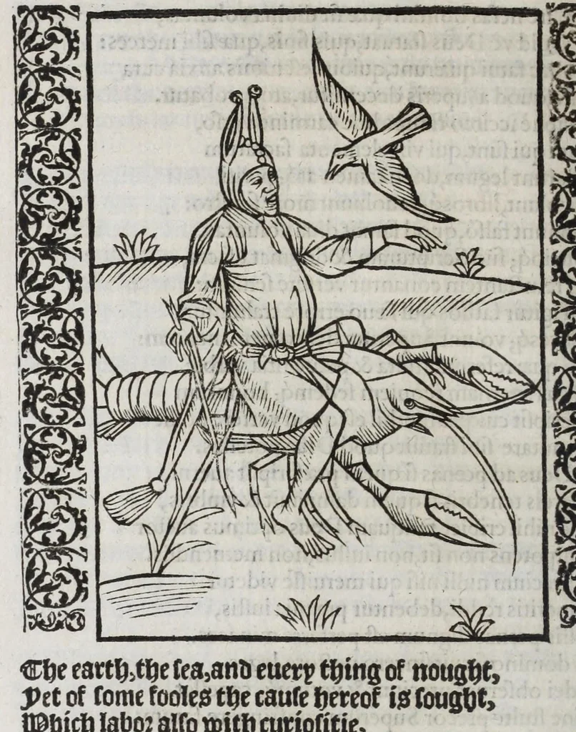 An illustration from Stultifera nauis : qua omnium mortalium narratur stultitia, admodum vtilis & necessaria ab omnibus ad suam salutem perlegenda, è latino sermone in nostrum vulgarem versa, & iam diligenter impressa = The ship of fooles : wherein is shewed the folly of all states, with diuers other workes adoiyned vnto the same, very profitable and fruitfull for all men : translated out of Latin into Englishe, 1570, leaf 242
