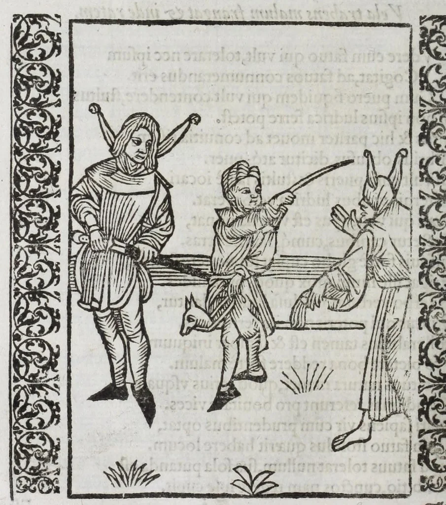 An illustration from Stultifera nauis : qua omnium mortalium narratur stultitia, admodum vtilis & necessaria ab omnibus ad suam salutem perlegenda, è latino sermone in nostrum vulgarem versa, & iam diligenter impressa = The ship of fooles : wherein is shewed the folly of all states, with diuers other workes adoiyned vnto the same, very profitable and fruitfull for all men : translated out of Latin into Englishe, 1570, leaf 296