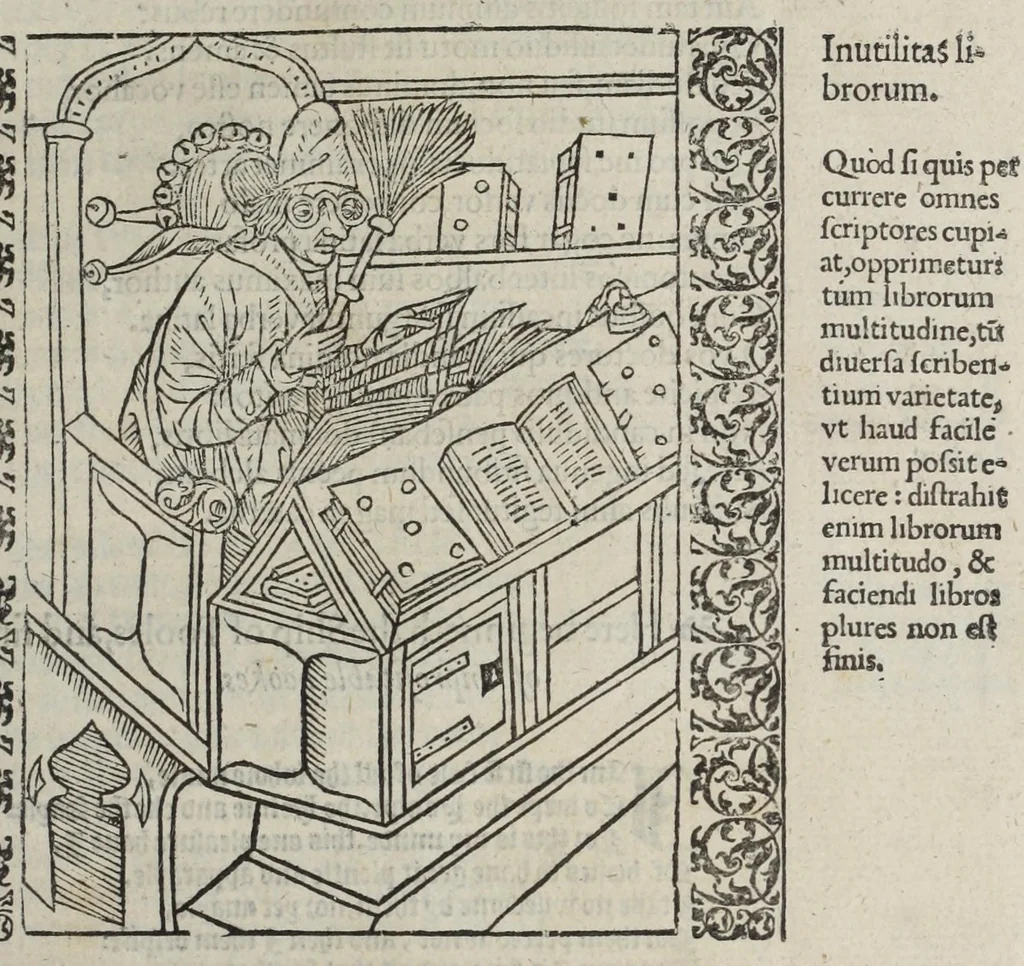An illustration from Stultifera nauis : qua omnium mortalium narratur stultitia, admodum vtilis & necessaria ab omnibus ad suam salutem perlegenda, è latino sermone in nostrum vulgarem versa, & iam diligenter impressa = The ship of fooles : wherein is shewed the folly of all states, with diuers other workes adoiyned vnto the same, very profitable and fruitfull for all men : translated out of Latin into Englishe, 1570, leaf 31