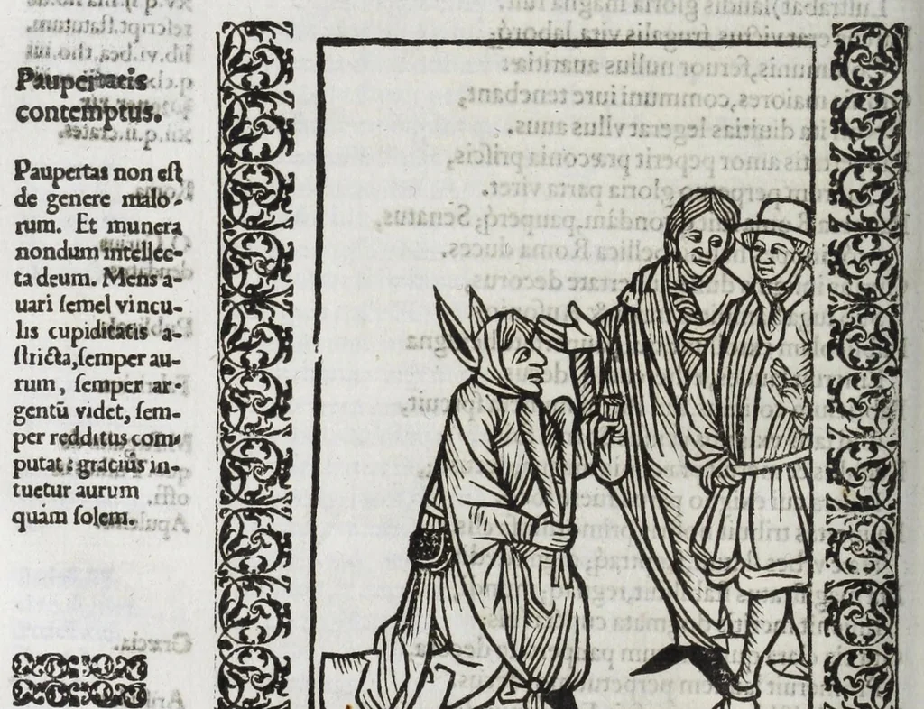 An illustration from Stultifera nauis : qua omnium mortalium narratur stultitia, admodum vtilis & necessaria ab omnibus ad suam salutem perlegenda, è latino sermone in nostrum vulgarem versa, & iam diligenter impressa = The ship of fooles : wherein is shewed the folly of all states, with diuers other workes adoiyned vnto the same, very profitable and fruitfull for all men : translated out of Latin into Englishe, 1570, leaf 350