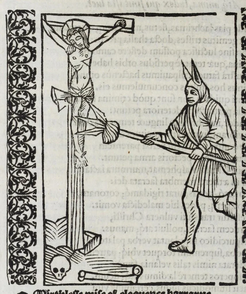 An illustration from Stultifera nauis : qua omnium mortalium narratur stultitia, admodum vtilis & necessaria ab omnibus ad suam salutem perlegenda, è latino sermone in nostrum vulgarem versa, & iam diligenter impressa = The ship of fooles : wherein is shewed the folly of all states, with diuers other workes adoiyned vnto the same, very profitable and fruitfull for all men : translated out of Latin into Englishe, 1570, leaf 374
