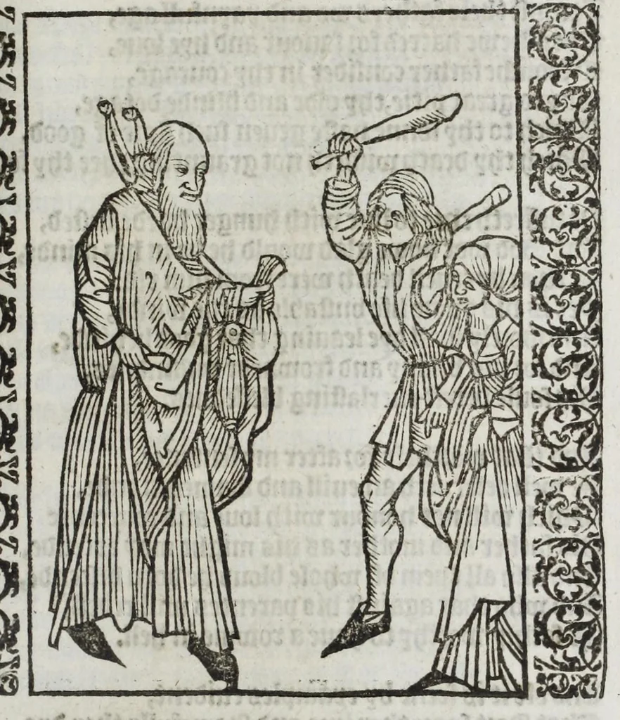 An illustration from Stultifera nauis : qua omnium mortalium narratur stultitia, admodum vtilis & necessaria ab omnibus ad suam salutem perlegenda, è latino sermone in nostrum vulgarem versa, & iam diligenter impressa = The ship of fooles : wherein is shewed the folly of all states, with diuers other workes adoiyned vnto the same, very profitable and fruitfull for all men : translated out of Latin into Englishe, 1570, leaf 389