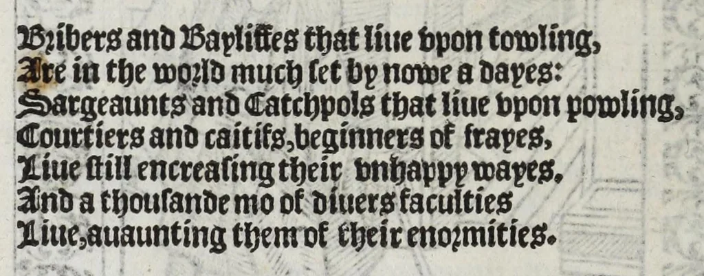 An illustration from Stultifera nauis : qua omnium mortalium narratur stultitia, admodum vtilis & necessaria ab omnibus ad suam salutem perlegenda, è latino sermone in nostrum vulgarem versa, & iam diligenter impressa = The ship of fooles : wherein is shewed the folly of all states, with diuers other workes adoiyned vnto the same, very profitable and fruitfull for all men : translated out of Latin into Englishe, 1570, leaf 68