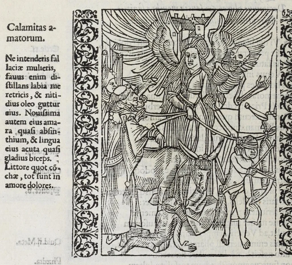 An illustration from Stultifera nauis : qua omnium mortalium narratur stultitia, admodum vtilis & necessaria ab omnibus ad suam salutem perlegenda, è latino sermone in nostrum vulgarem versa, & iam diligenter impressa = The ship of fooles : wherein is shewed the folly of all states, with diuers other workes adoiyned vnto the same, very profitable and fruitfull for all men : translated out of Latin into Englishe, 1570, leaf 82