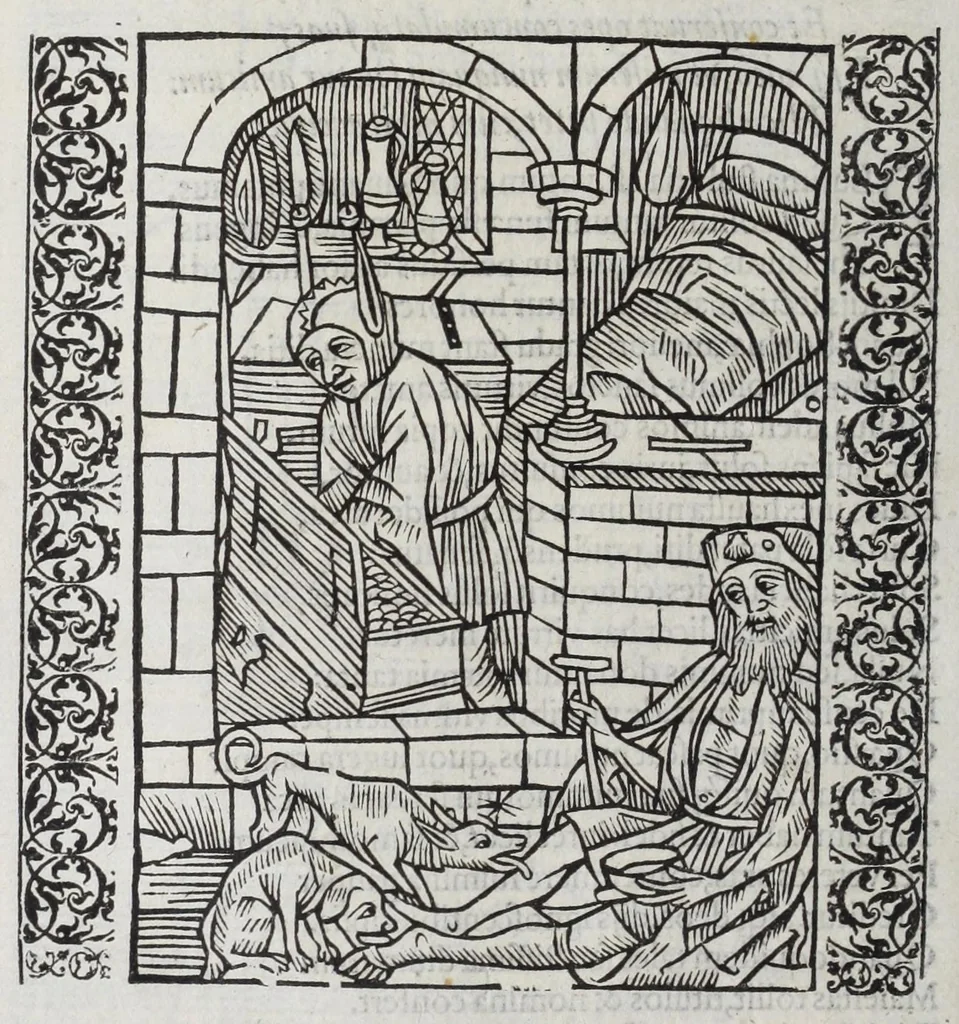 An illustration from Stultifera nauis : qua omnium mortalium narratur stultitia, admodum vtilis & necessaria ab omnibus ad suam salutem perlegenda, è latino sermone in nostrum vulgarem versa, & iam diligenter impressa = The ship of fooles : wherein is shewed the folly of all states, with diuers other workes adoiyned vnto the same, very profitable and fruitfull for all men : translated out of Latin into Englishe, 1570, leaf 98