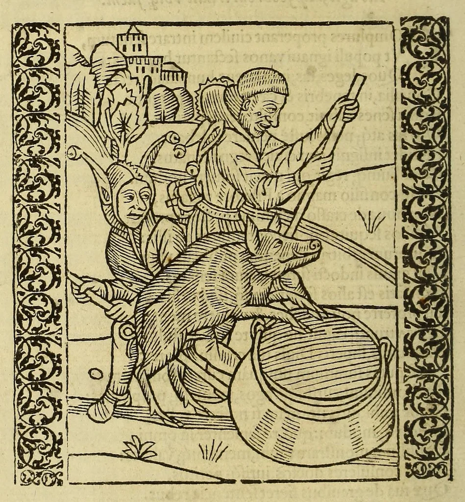 An illustration from Stultifera Nauis, : qua omnium mortalium narratur stultitia, admodum vtilis [et] necessaria ab omnibus ad suam salutem perlegenda,, 1570, leaf 36