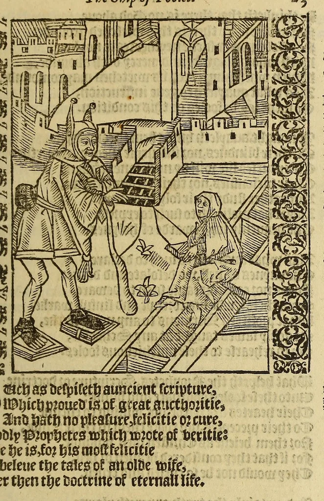 An illustration from Stultifera Nauis, : qua omnium mortalium narratur stultitia, admodum vtilis [et] necessaria ab omnibus ad suam salutem perlegenda,, 1570, leaf 75