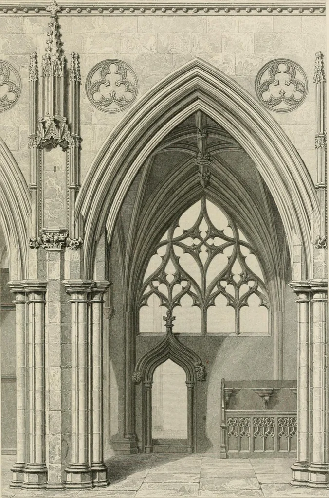 An illustration from An attempt to discriminate the styles of architecture in England : from the Conquest to the Reformation : with a sketch of the Grecian and Roman orders : notices of numerous British edifices :and some remarks on the architecture of a part of France, 1848, leaf 242