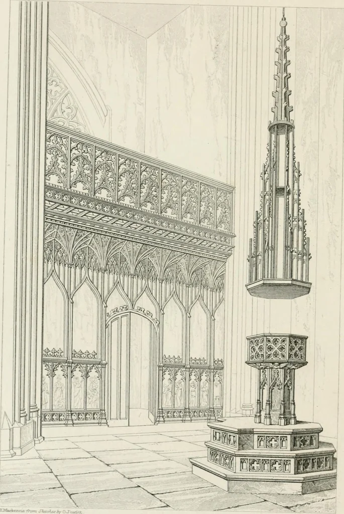 An illustration from An attempt to discriminate the styles of architecture in England : from the Conquest to the Reformation : with a sketch of the Grecian and Roman orders : notices of numerous British edifices :and some remarks on the architecture of a part of France, 1848, leaf 351