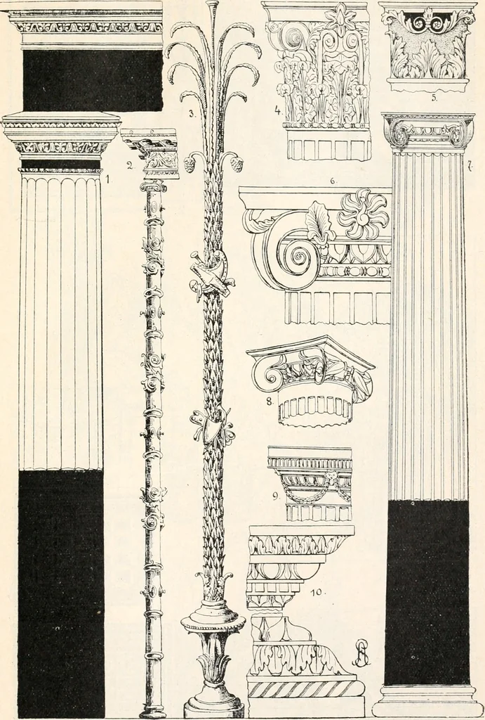 An illustration from Styles of ornament, exhibited in designs, and arranged in historical order, with descriptive text. A handbook for architects, designers, painters, sculptors, wood-carvers, chasers, modellers, cabinet-makers and artistic locksmiths as well as also for technical schools, libraries and private study, 1910, leaf 104