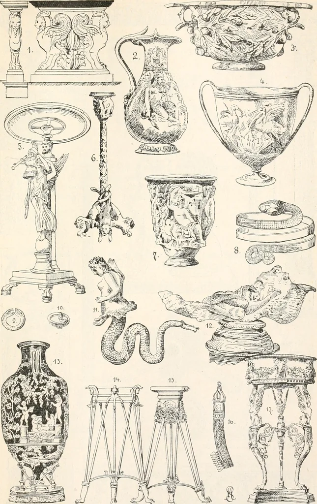 An illustration from Styles of ornament, exhibited in designs, and arranged in historical order, with descriptive text. A handbook for architects, designers, painters, sculptors, wood-carvers, chasers, modellers, cabinet-makers and artistic locksmiths as well as also for technical schools, libraries and private study, 1910, leaf 106
