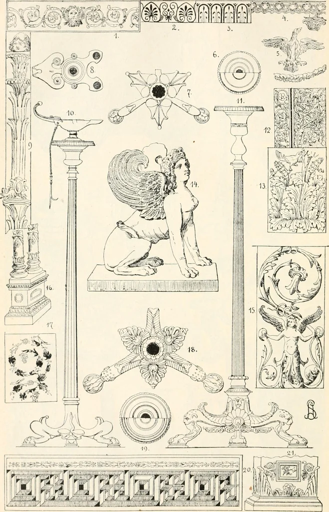 An illustration from Styles of ornament, exhibited in designs, and arranged in historical order, with descriptive text. A handbook for architects, designers, painters, sculptors, wood-carvers, chasers, modellers, cabinet-makers and artistic locksmiths as well as also for technical schools, libraries and private study, 1910, leaf 107