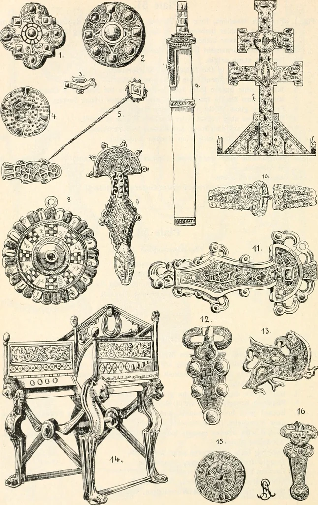 An illustration from Styles of ornament, exhibited in designs, and arranged in historical order, with descriptive text. A handbook for architects, designers, painters, sculptors, wood-carvers, chasers, modellers, cabinet-makers and artistic locksmiths as well as also for technical schools, libraries and private study, 1910, leaf 115