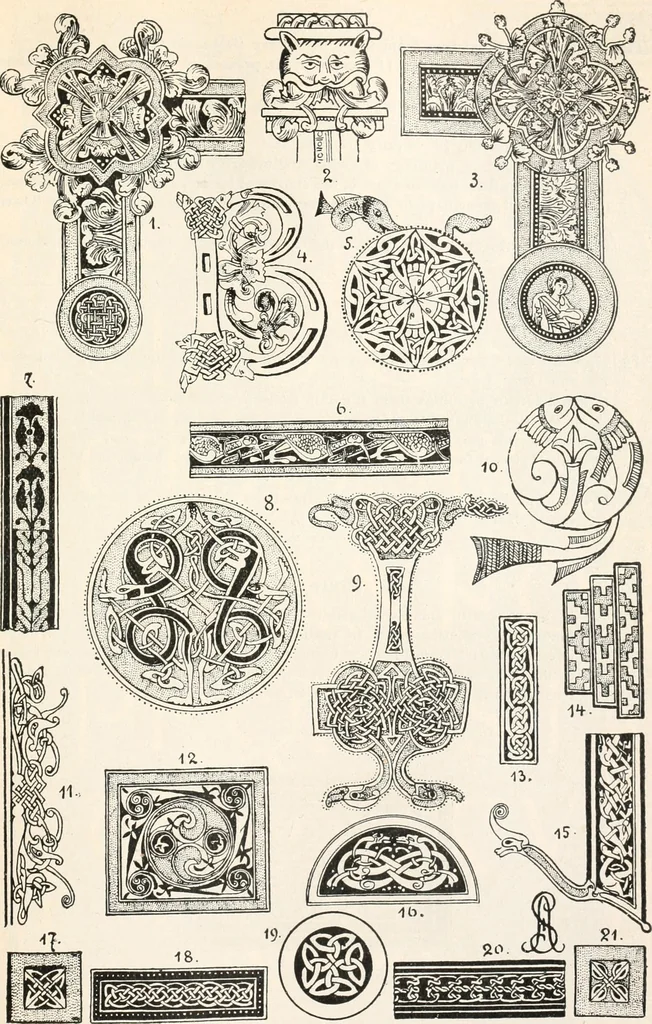 An illustration from Styles of ornament, exhibited in designs, and arranged in historical order, with descriptive text. A handbook for architects, designers, painters, sculptors, wood-carvers, chasers, modellers, cabinet-makers and artistic locksmiths as well as also for technical schools, libraries and private study, 1910, leaf 120