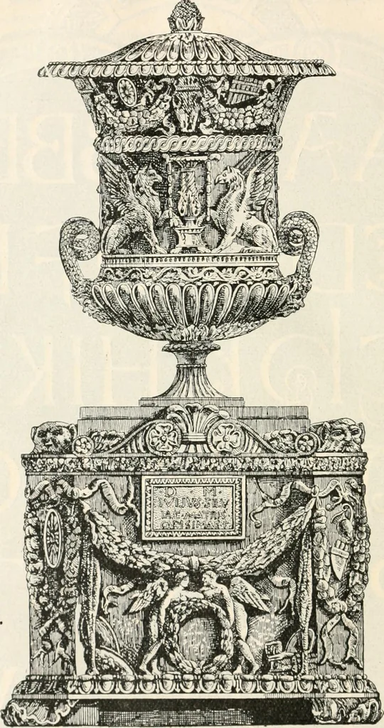An illustration from Styles of ornament, exhibited in designs, and arranged in historical order, with descriptive text. A handbook for architects, designers, painters, sculptors, wood-carvers, chasers, modellers, cabinet-makers and artistic locksmiths as well as also for technical schools, libraries and private study, 1910, leaf 123