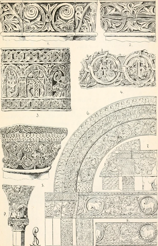 An illustration from Styles of ornament, exhibited in designs, and arranged in historical order, with descriptive text. A handbook for architects, designers, painters, sculptors, wood-carvers, chasers, modellers, cabinet-makers and artistic locksmiths as well as also for technical schools, libraries and private study, 1910, leaf 128