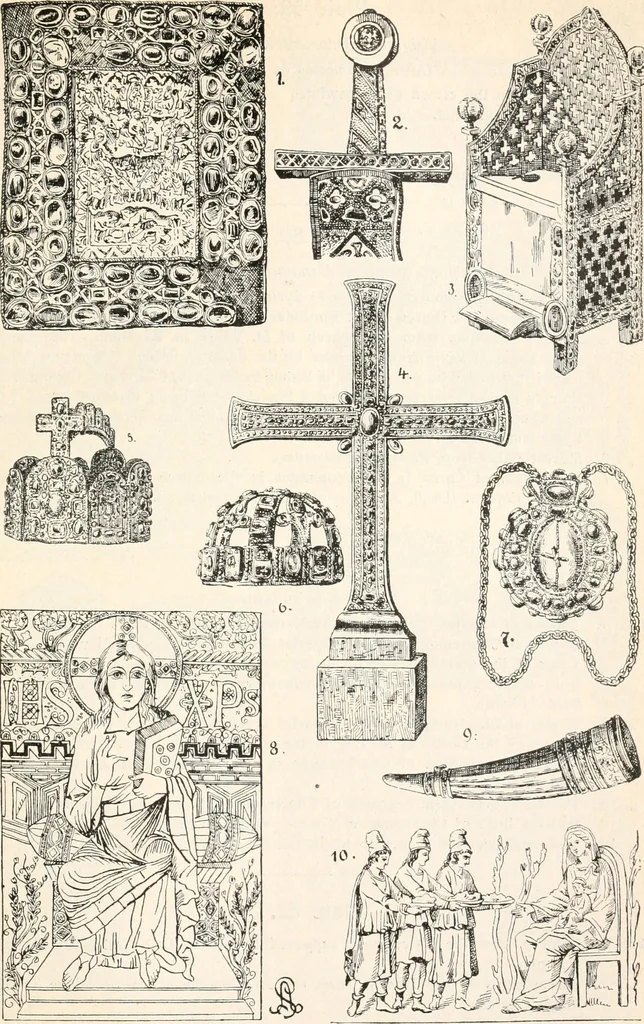 An illustration from Styles of ornament, exhibited in designs, and arranged in historical order, with descriptive text. A handbook for architects, designers, painters, sculptors, wood-carvers, chasers, modellers, cabinet-makers and artistic locksmiths as well as also for technical schools, libraries and private study, 1910, leaf 132