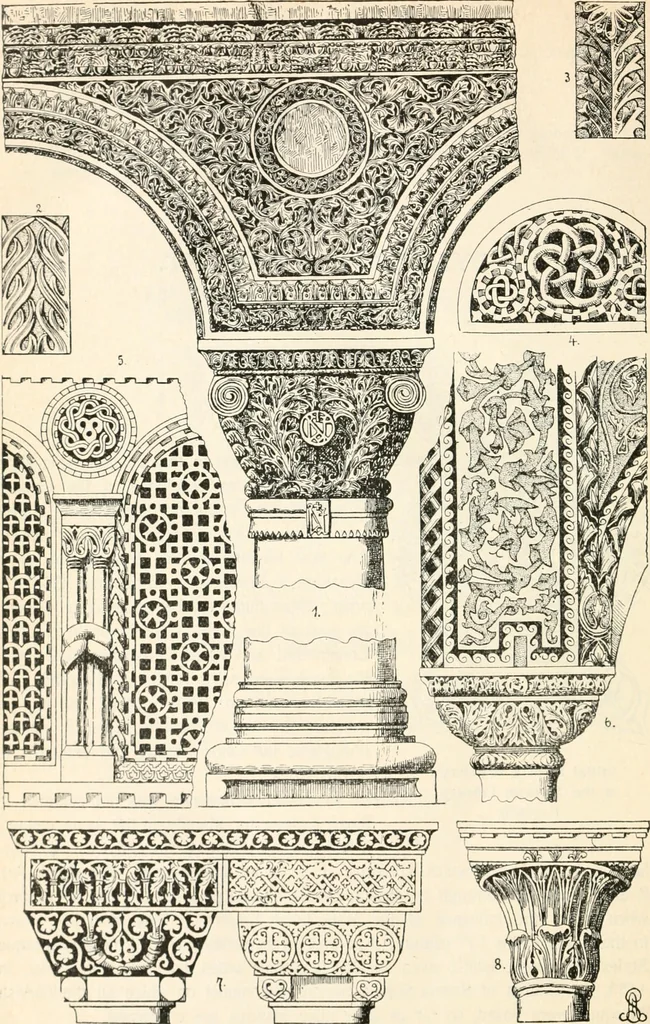 An illustration from Styles of ornament, exhibited in designs, and arranged in historical order, with descriptive text. A handbook for architects, designers, painters, sculptors, wood-carvers, chasers, modellers, cabinet-makers and artistic locksmiths as well as also for technical schools, libraries and private study, 1910, leaf 137