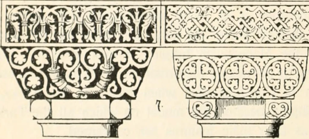 An illustration from Styles of ornament, exhibited in designs, and arranged in historical order, with descriptive text. A handbook for architects, designers, painters, sculptors, wood-carvers, chasers, modellers, cabinet-makers and artistic locksmiths as well as also for technical schools, libraries and private study, 1910, leaf 137