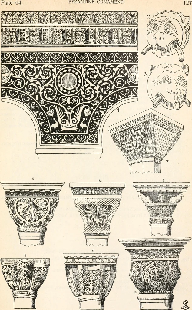 An illustration from Styles of ornament, exhibited in designs, and arranged in historical order, with descriptive text. A handbook for architects, designers, painters, sculptors, wood-carvers, chasers, modellers, cabinet-makers and artistic locksmiths as well as also for technical schools, libraries and private study, 1910, leaf 138