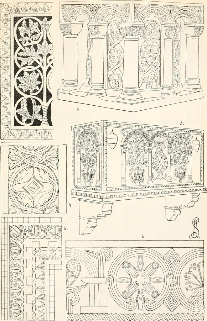 An illustration from Styles of ornament, exhibited in designs, and arranged in historical order, with descriptive text. A handbook for architects, designers, painters, sculptors, wood-carvers, chasers, modellers, cabinet-makers and artistic locksmiths as well as also for technical schools, libraries and private study, 1910, leaf 140