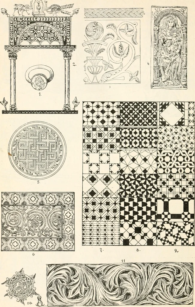 An illustration from Styles of ornament, exhibited in designs, and arranged in historical order, with descriptive text. A handbook for architects, designers, painters, sculptors, wood-carvers, chasers, modellers, cabinet-makers and artistic locksmiths as well as also for technical schools, libraries and private study, 1910, leaf 141