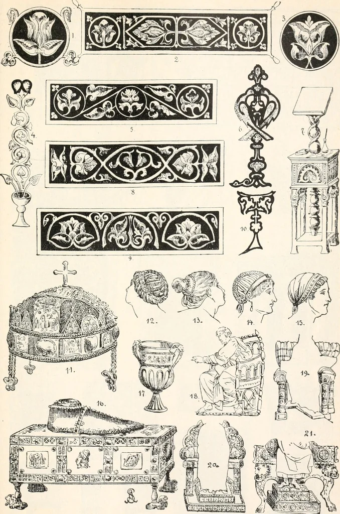 An illustration from Styles of ornament, exhibited in designs, and arranged in historical order, with descriptive text. A handbook for architects, designers, painters, sculptors, wood-carvers, chasers, modellers, cabinet-makers and artistic locksmiths as well as also for technical schools, libraries and private study, 1910, leaf 144