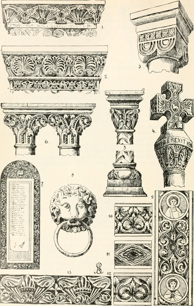 An illustration from Styles of ornament, exhibited in designs, and arranged in historical order, with descriptive text. A handbook for architects, designers, painters, sculptors, wood-carvers, chasers, modellers, cabinet-makers and artistic locksmiths as well as also for technical schools, libraries and private study, 1910, leaf 151