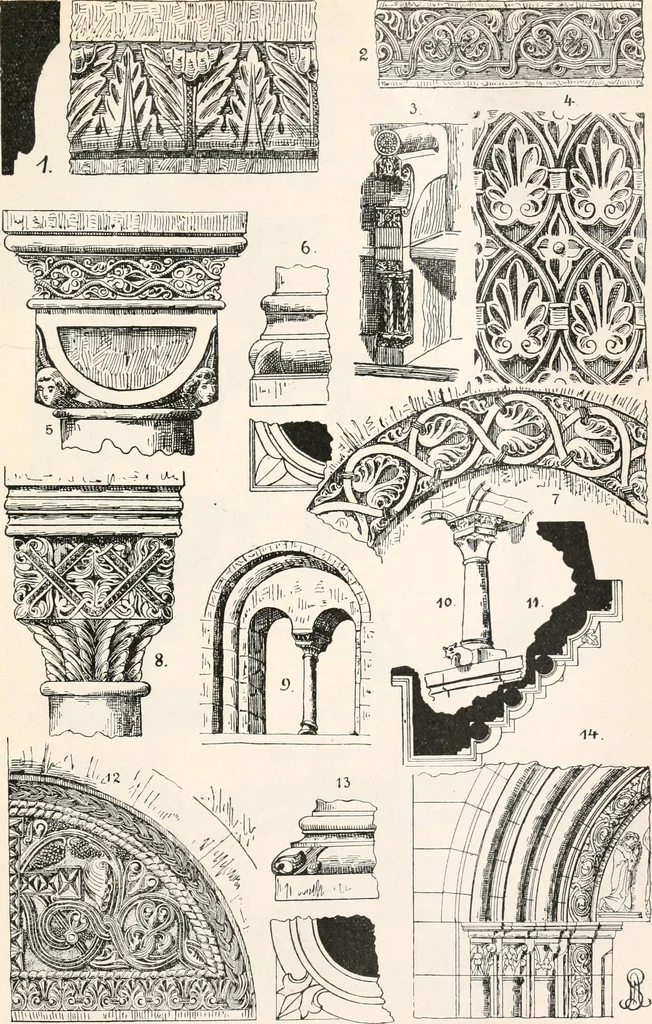 An illustration from Styles of ornament, exhibited in designs, and arranged in historical order, with descriptive text. A handbook for architects, designers, painters, sculptors, wood-carvers, chasers, modellers, cabinet-makers and artistic locksmiths as well as also for technical schools, libraries and private study, 1910, leaf 152