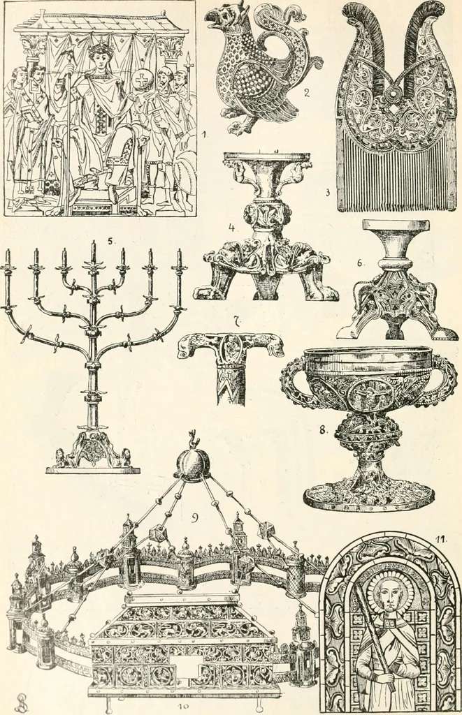 An illustration from Styles of ornament, exhibited in designs, and arranged in historical order, with descriptive text. A handbook for architects, designers, painters, sculptors, wood-carvers, chasers, modellers, cabinet-makers and artistic locksmiths as well as also for technical schools, libraries and private study, 1910, leaf 153