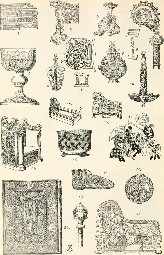 An illustration from Styles of ornament, exhibited in designs, and arranged in historical order, with descriptive text. A handbook for architects, designers, painters, sculptors, wood-carvers, chasers, modellers, cabinet-makers and artistic locksmiths as well as also for technical schools, libraries and private study, 1910, leaf 155