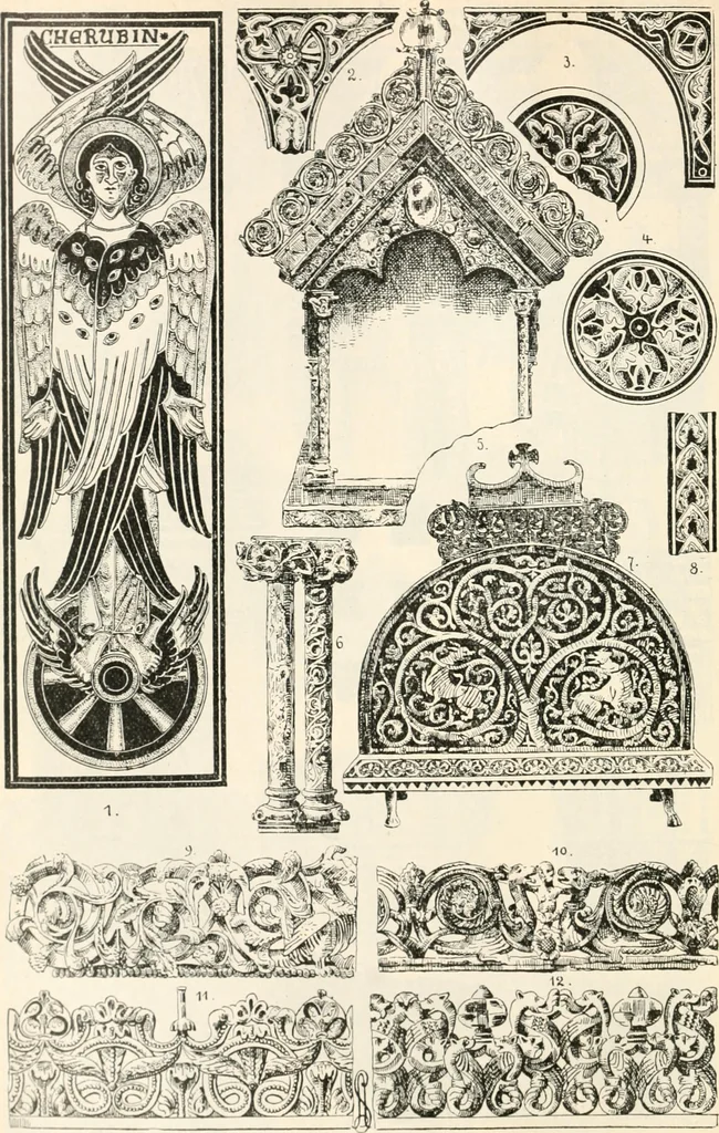 An illustration from Styles of ornament, exhibited in designs, and arranged in historical order, with descriptive text. A handbook for architects, designers, painters, sculptors, wood-carvers, chasers, modellers, cabinet-makers and artistic locksmiths as well as also for technical schools, libraries and private study, 1910, leaf 157