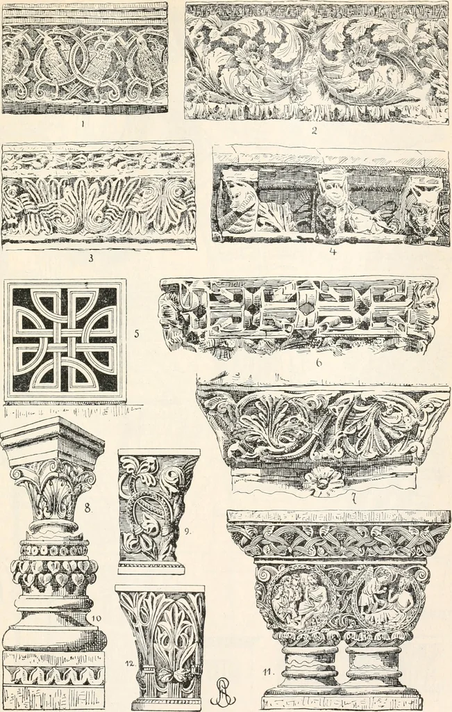 An illustration from Styles of ornament, exhibited in designs, and arranged in historical order, with descriptive text. A handbook for architects, designers, painters, sculptors, wood-carvers, chasers, modellers, cabinet-makers and artistic locksmiths as well as also for technical schools, libraries and private study, 1910, leaf 162