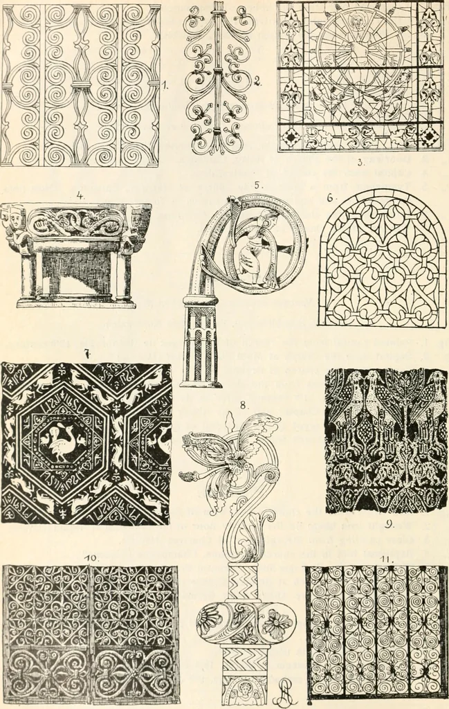 An illustration from Styles of ornament, exhibited in designs, and arranged in historical order, with descriptive text. A handbook for architects, designers, painters, sculptors, wood-carvers, chasers, modellers, cabinet-makers and artistic locksmiths as well as also for technical schools, libraries and private study, 1910, leaf 167