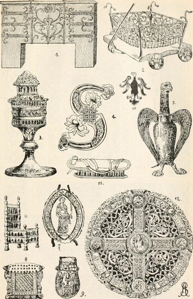 An illustration from Styles of ornament, exhibited in designs, and arranged in historical order, with descriptive text. A handbook for architects, designers, painters, sculptors, wood-carvers, chasers, modellers, cabinet-makers and artistic locksmiths as well as also for technical schools, libraries and private study, 1910, leaf 168